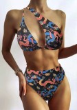 Women's Two Pieces Retro Multicolor Printed Sexy One Shoulder Two Piece Bikini Swimsuit