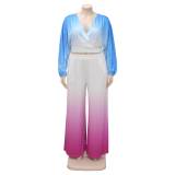 Plus Size Women Gradient Patchwork V neck Top and Pant Casual Two-piece Set