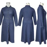 Plus Size Women Women Denim Turndown Collar Long Sleeve Dress