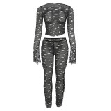 Women Sexy Ripped Hollow See-Through Crop Top and Pants Two-piece Set