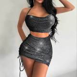 Women Solid Backless Suspender Bodycon Drawstring Pleated Mini Dress