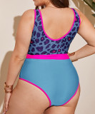 Plus Size Women One-Piece Sexy See-Through Leopard Color Block Bikini Swimwear
