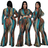 Plus Size Women Sexy Printed Long Sleeve Top and Pants Two-piece Set