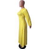 Women's Spring And Winter Round Neck Polka Dot Long Sleeve High Slit Midi Dress