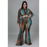 Plus Size Women Sexy Printed Long Sleeve Top and Pants Two-piece Set