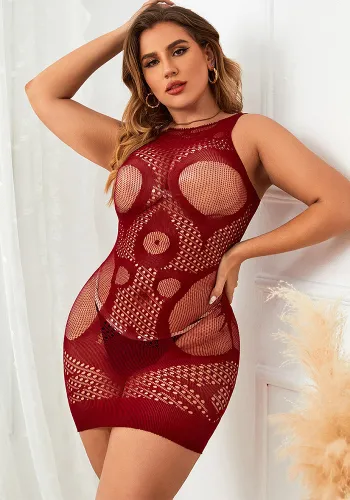 Plus Size Women Hollow See-Through Temptation Jacquard Burgunry Bodycon Dress Sexy Lingerie