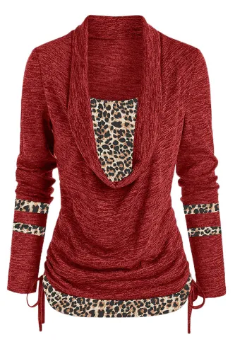 Women Leopard Patchwork Long Sleeve Loose Pleated Top