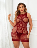 Plus Size Women Hollow See-Through Temptation Jacquard Burgunry Bodycon Dress Sexy Lingerie