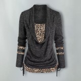 Women Leopard Patchwork Long Sleeve Loose Pleated Top