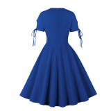 Plus Size Women Solid Lace-Up Short Sleeve Dress