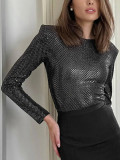 Fashionable Shiny Sequined Black Basic Shirt Women's Autumn and Winter Chic Round Neck Long Sleeve T-Shirt Slim Top