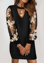 Spring v-neck lace long-sleeved printed Slim Waist dress for women