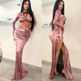 Women Solid Long Sleeve Sexy Top and Slit Long Skirt Two Piece Set