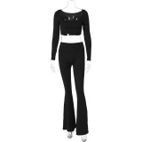 Women's Winter Solid Color Long Sleeve U-Neck Bell Bottom Two-piece Fashion Pants set