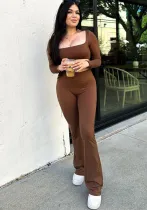 Women's Winter Solid Color Long Sleeve U-Neck Bell Bottom Two-piece Fashion Pants set
