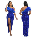 Fashionable Evening Dress Formal Party Sequined High Slit Long Dress for Women