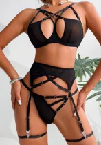 Fashionable cross-gathered mesh sexy hollow sexy four-piece lingerie set