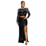 Fashionable Round Neck Mesh sequined long-sleeved top high slit skirt two-piece set for women