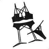 Fashionable cross-gathered mesh sexy hollow sexy four-piece lingerie set