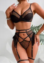 Fashionable rhombus mesh bra Thong Garter See-Through four-piece sexy lingerie set