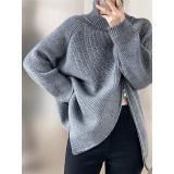 Gray Zipper High Collar Lazy Style Autumn and Winter Loose Plus Size Knitting Shirt Sweater