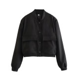 Women's Bomber Jacket Spring and Autumn Pocket Long Sleeve Casual Single Breasted Coat