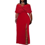 Sexy Pearl Off Shoulder Slit Plus Size Dress