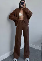 Autumn and Winter Solid Color Zipper Top Women's Fashion Casual Straight Pants two piece set