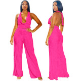 Fashion Women's Sexy Solid Color halter Sleeveless Low Back Top Pleated Pants two piece set