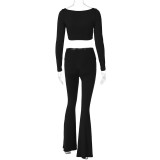 Women's Winter Solid Color Long Sleeve U-Neck Bell Bottom Two-piece Fashion Pants set