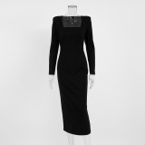 Autumn and winter French black dress Chic Slim Waist square neck long-sleeved elegant Tight Fitting long dress for women