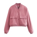 Women's Bomber Jacket Spring and Autumn Pocket Long Sleeve Casual Single Breasted Coat