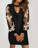 Spring v-neck lace long-sleeved printed Slim Waist dress for women