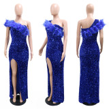 Fashionable Evening Dress Formal Party Sequined High Slit Long Dress for Women