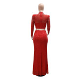 Fashionable Round Neck Mesh sequined long-sleeved top high slit skirt two-piece set for women