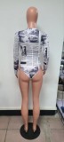 Women Newspaper Print Long Sleeve Bodysuit