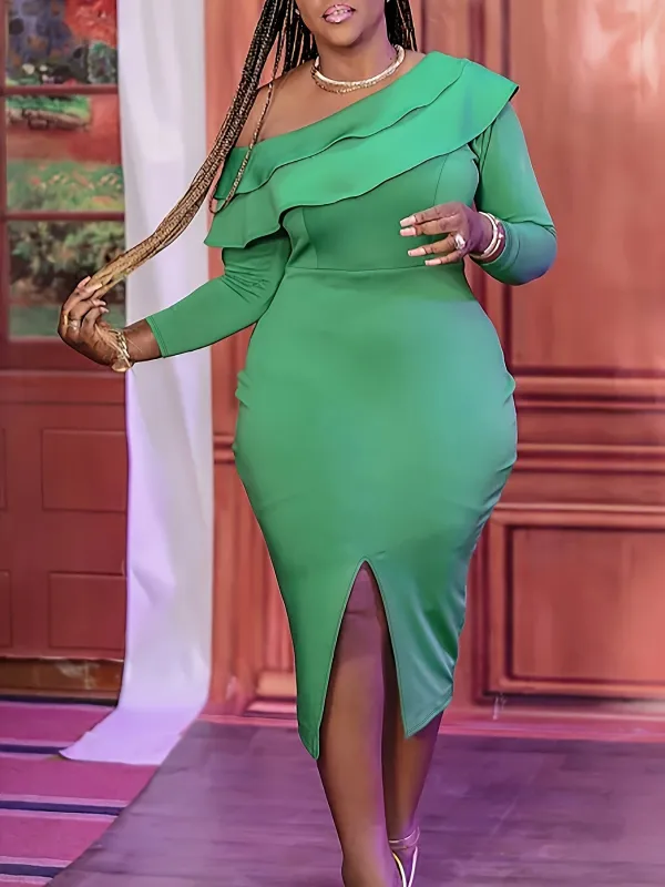 Solid Color slash shoulder elegant Plus Size Dress