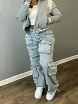 Women's Fashion Stretch Denim Fabric Multi-Pocket Cargo Style Denim Pants
