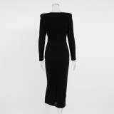 Autumn and winter French black dress Chic Slim Waist square neck long-sleeved elegant Tight Fitting long dress for women