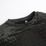 Fashionable Shiny Sequined Black Basic Shirt Women's Autumn and Winter Chic Round Neck Long Sleeve T-Shirt Slim Top