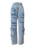 Women's Fashion Stretch Denim Fabric Multi-Pocket Cargo Style Denim Pants