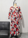 Plus Size Women Long Sleeve Printed Sexy V Neck Casual Belt Party Dress