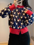 Women Color Block Heart Print Knitting Round Neck Sweater