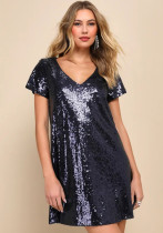 Fashionable v-neck short-sleeved Casual sequined party dress for women