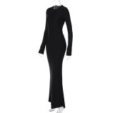 Women Fall/Winter Solid Round Neck Long Sleeve Lace-Up Maxi Dress