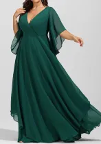 Plus Size Women V neck Solid Long Dress