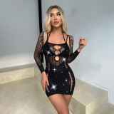 Hollow Striped Beaded One-piece Bodycon Tight Fitting dress Sexy Temptation Rhinestone lingerie Sexy Underwear for Women