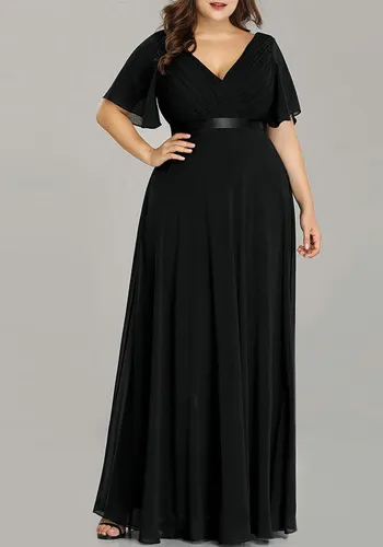 Plus Size Women V neck Short Sleeve Solid Long Dress