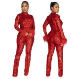 Women Sexy Furry Sequin See Through Jumpsuit