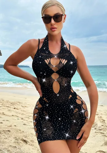 Sexy halter Low Back Beaded Sexy Underwear Women's Bright Diamond Bodycon Tight Fitting dress